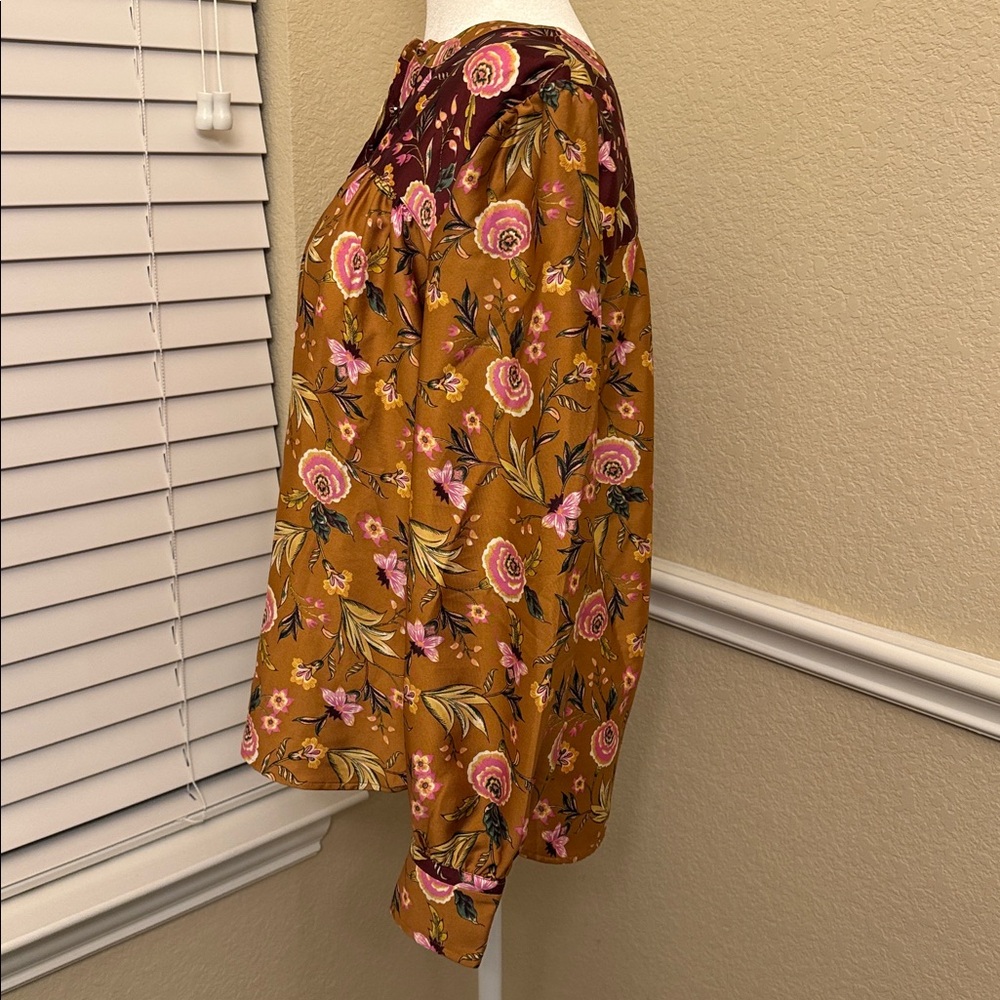 LOFT Floral Blouse Mustard Burgundy Long Sleeves Women's Small - Picture 5 of 14